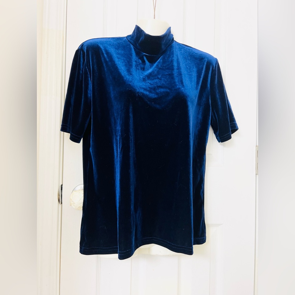 Dressbarn Vintage 90s Navy Blue Velvet Mock Neck Top Short Sleeve Blouse L